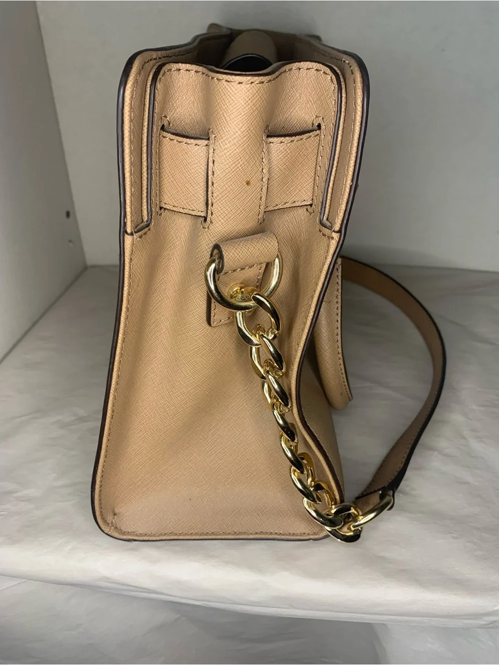 Michael Kors Hamilton Beige Saffiano Leather Satchel with Gold Hardware
